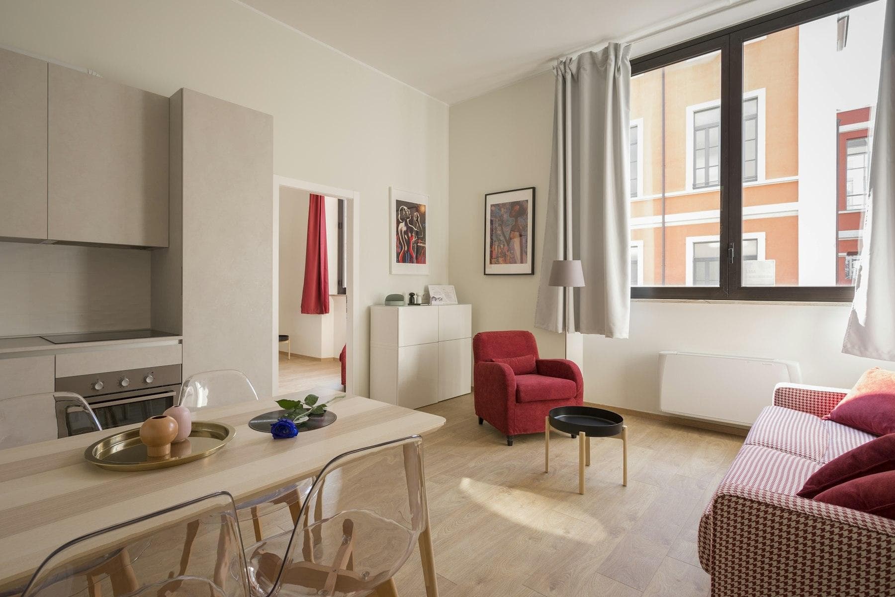 Furnished apartment living and dining area